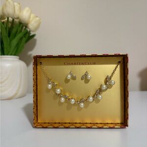 Macy's Gold-Tone Pearl and Crystal Necklace with Matching Earrings